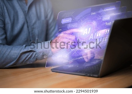 Artificial Intelligence technology concept.  Man using laptop with AI tecnology on virtual display, big data of new technologies and business process strategy. modern technology.