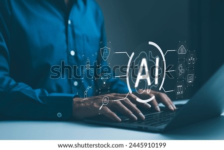 Artificial intelligence technology concept. A technology professional interacts with icons representing different aspects of artificial intelligence on a computer. intelligent tech, AI prompt generate