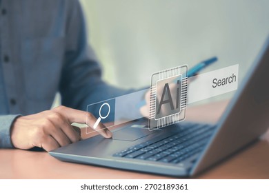 Artificial intelligence and technology concept.Man uses AI to find and solve creative problems. Conversation with creative AI chatbot assistant.