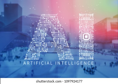 Artificial Intelligence technology double exposure with AI text made of electronic circuit board and person hand using computer mouse and office buildings in background - Powered by Shutterstock - Get 15% off with code: PIKWIZARD15