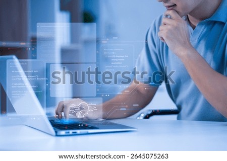 Artificial Intelligence technology for education. Modern digital learning, courses for developing new skills and e-learning. Man learning lessons and online seminars on smartphone and laptop.