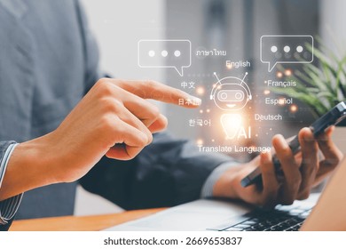 Artificial intelligence technology enabling automatic language translation. Global language translation and international connections powered by AI applications and smart systems.