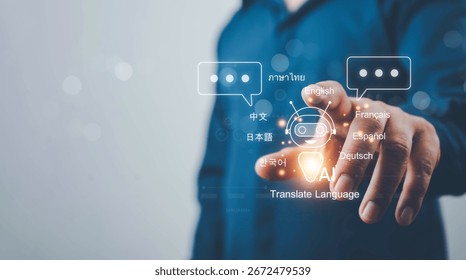 Artificial intelligence technology enabling automatic language translation. Global language translation and international connections powered by AI applications and smart systems.