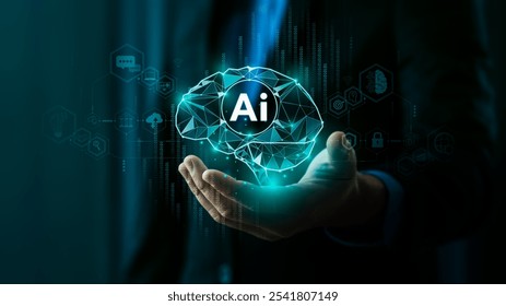 Artificial intelligence technology and innovation concept with businessman holding digital AI brain network. Futuristic virtual interface for smart technology, machine learning, and data processing.