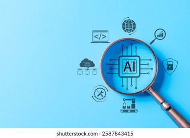 Artificial intelligence and technology innovation concept. Magnifying glass over AI chip with virtual icons for artificial intelligence, data processing, cybersecurity, cloud computing, and automation