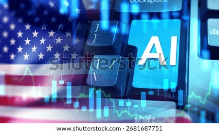 Artificial intelligence and technology. Keyboard key with AI symbol overlaid with US flag and stock market graphics, representing innovation, digital economy, and AI development in America.