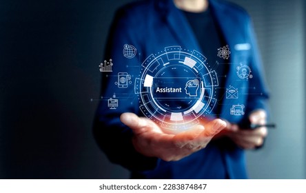 Artificial Intelligence technology. man using assitant command prompt for analysis digital marketing Database management cloud computing cyber file document transfer and business analysis.
