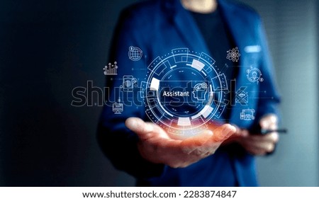 Artificial Intelligence technology. man using assitant command prompt for analysis digital marketing Database management cloud computing cyber file document transfer and business analysis.