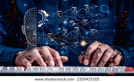 artificial intelligence, technology, neural, processor, business, network, link, system, intelligence, innovation. typing keyboard to training artificial intelligence technology neural system.