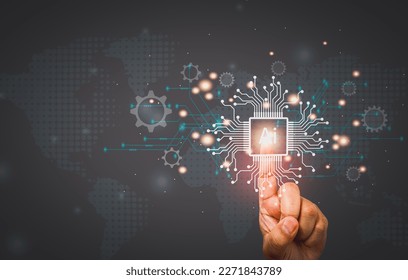 artificial intelligence technology A person using AI artificial intelligence technology, a smart robot by inputting commands to create something. future technological changes.