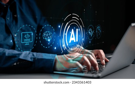 artificial intelligence, technology, processor, network, link, system, intelligence, innovation, ai, process. typing at keyboard with laptop ai technology hud embracing the future. iot icon is showing