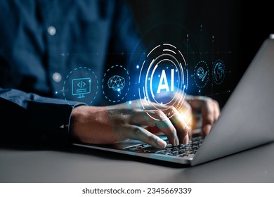 artificial intelligence, technology, processor, network, link, system, intelligence, innovation, ai, process. typing at keyboard with laptop ai technology hud embracing the future. iot icon is showing - Powered by Shutterstock - Get 15% off with code: PIKWIZARD15