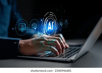 artificial intelligence, technology, processor, network, link, system, intelligence, innovation, ai, process. typing at keyboard with laptop ai technology hud embracing the future. iot icon is showing