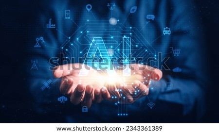 artificial intelligence, technology, processor, network, link, system, intelligence, innovation, ai, process. hold AI HUD for show future technology. artificial intelligence is useful to calculate.