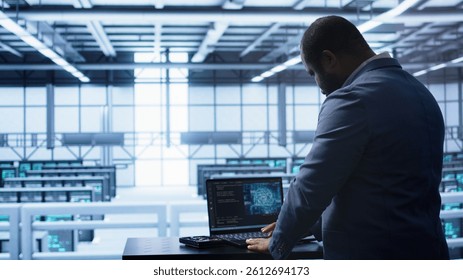 Artificial intelligence technology simulating human brain used by engineer in data center. Worker working on digital device with AI tech machine learning algorithms, camera B