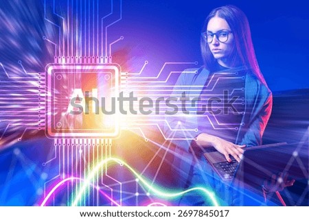 Artificial intelligence technology visualized with digital circuits and AI chip, woman with laptop representing innovation, data processing and modern machine learning concepts.