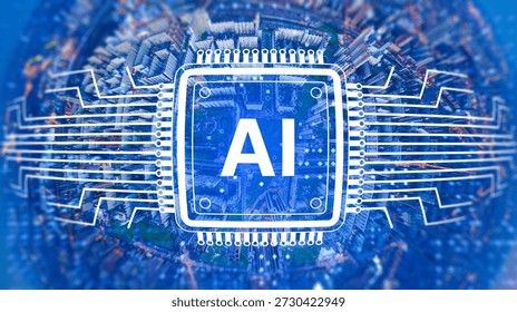 Artificial intelligence technology visualizes smart city data processing, connecting urban infrastructure, digital networks, automation systems, and advanced computing solutions.