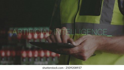 Artificial intelligence text image over person in high-visibility vest. Technology, innovation, AI, digital, future, safety