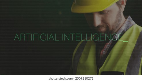 Artificial intelligence text image over person in high-visibility vest. Technology, innovation, AI, digital, future, safety