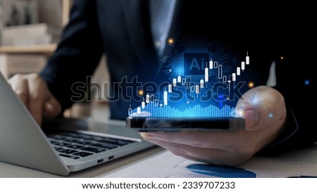 Artificial Intelligence for trading increase revenue asset and profit icon concept.Business hand holding Chart growth rate and growing arrow, analyzing investment diagram in business.