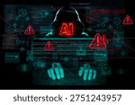 Artificial intelligence used for cyber attacks, showing AI as threat with malware code, alerts and digital interface over a hacker silhouette
