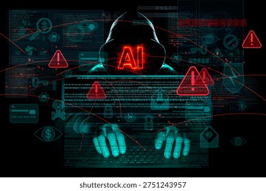 Artificial intelligence used for cyber attacks, showing AI as threat with malware code, alerts and digital interface over a hacker silhouette - Powered by Shutterstock - Get 15% off with code: PIKWIZARD15