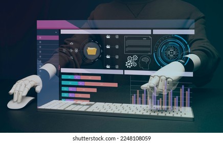 artificial intelligence using laptop analyzing and development at various information on futuristic virtual interface screen. Algorithm. marketing and deep learning of artificial intelligence