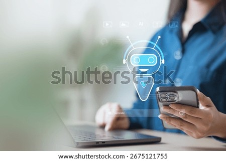 Artificial intelligence virtual assistant. Ai assistant automation. Chatbot support message. Automatic text marketing. smartphone holding helper private assistant laptop typing.