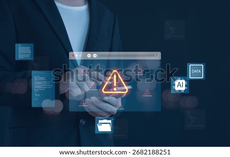 Artificial intelligence warning with data security alert, mobile device risk, cyber attack, AI system error, and digital technology danger concept for business, network safety,แปลไทย (191 ตัวอักษร):