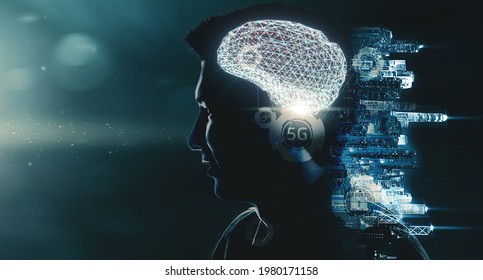 Artificial intelligence wireless communication networking learning machine improving development future AI machine and technology, businessman human head brain with smart city background concept.  - Powered by Shutterstock - Get 15% off with code: PIKWIZARD15