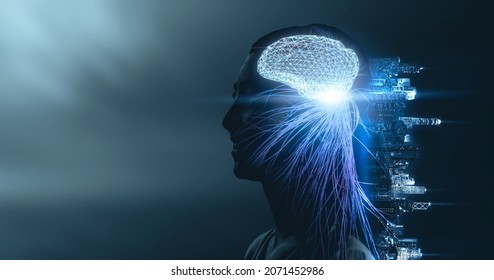 Artificial intelligence wireless communication networking learning machine improving development future AI machine and technology, businesswoman human head brain with smart city background concept.