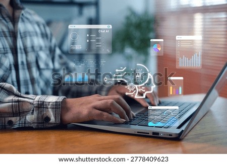 Artificial intelligence workflow concept with person using laptop, AI interface, data analytics dashboards, automation, chat AI technology for smart business insights and digital transformation.