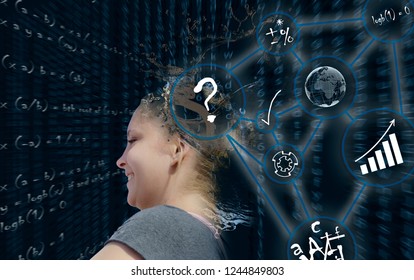 Artificial Intelligence. Young Blond Woman In Composition On The Subject Of Future Technologies Artifical Inteligence Concept