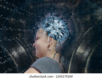 Artificial Intelligence. Young Blond Woman In Composition On The Subject Of Future Technologies Artifical Inteligence Concept