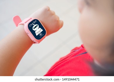 artificial intelligence,AI chat bot concept. The girl is using the phone watch. chatbot answering questions online, robot assistant help on website