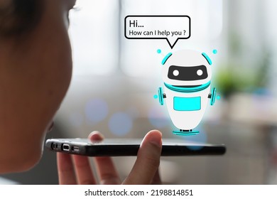 Artificial intelligence,ai chat bot concept. hands holding mobile phone on blurred abstract background. chatbot answering questions online, robot assistant help on website