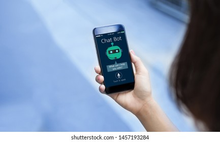 Artificial Intelligence,AI Chat Bot Concept.close-up Of Female Hands Holding Mobile Phone 