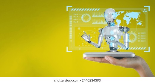 Artificial Intelligence(AI),Machine learning,Big Data,Technology for business,learning concept.,and holding smartphone with robot and business data technology interface on yellwo background. 