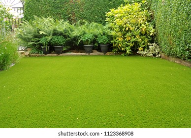 Artificial lawn in small garden in East Yorkshire, UK, June
