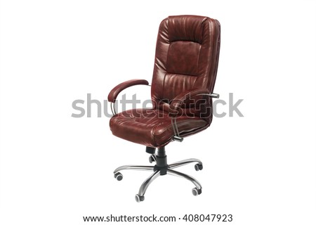 artificial leather upholstered office chair of claret color with trundles on a white background 