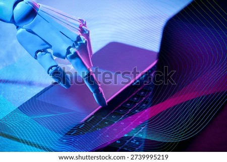 Artificial neural network. Robot using laptop in neon lights
