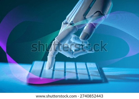 Artificial neural network. Robot using computer keyboard at table
