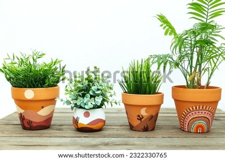 Artificial plants in clay terracotta pots. Hand painted with acrylics. Ethnic motifs in the interior.