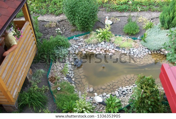 Artificial Pond Garden Storks Ducks Decorative Stock Photo Edit