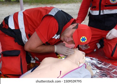 Artificial respiration, training. Emergency worker checking sufferer’s heart beating and breathing. September 6, 2019. Kiev, Ukraine