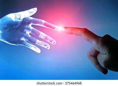 Artificial Robot Hand Touch Human Hand