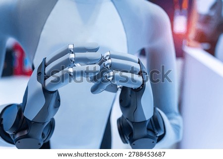 Artificial robotic hand at the presentation of robotics.Creation of artificial intelligence