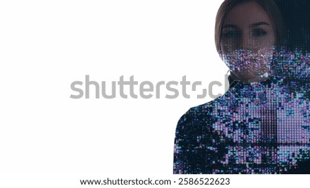 Artificial silhouette. Intelligence technology. Double exposure colorful iridescent liquid crystal glitch woman isolated on white empty space background.