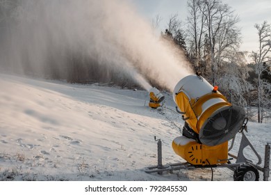 Artificial Snow Machine Cannon Or Snow Blower Making Snowflakes. 