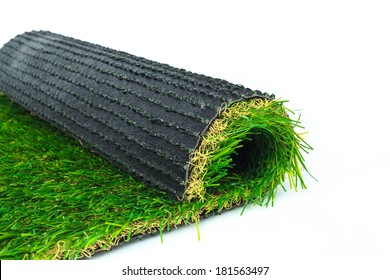 Artificial Turf Green Grass Roll On White Background